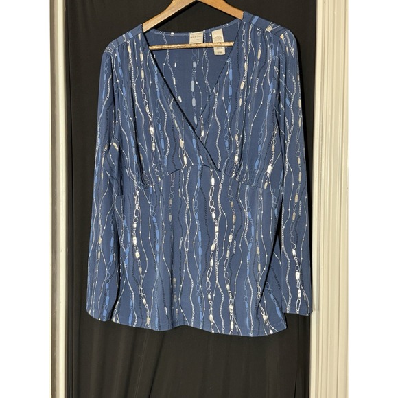 Emma James Nylon Top Blue Embellished 2X babydoll empire waist silver geometric - Picture 2 of 6